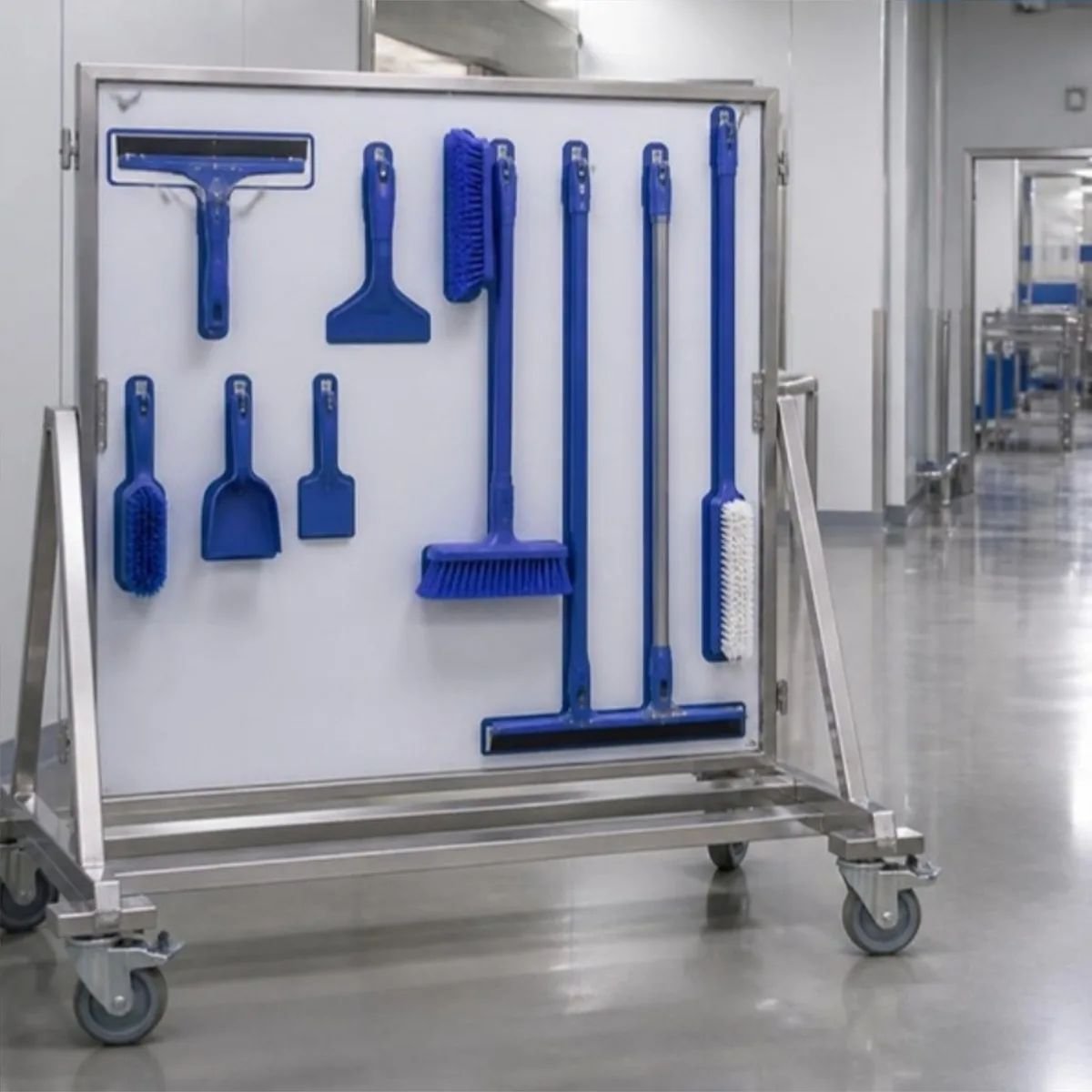 Mobile stainless steel shadow board holding blue sanitation tools in a food plant