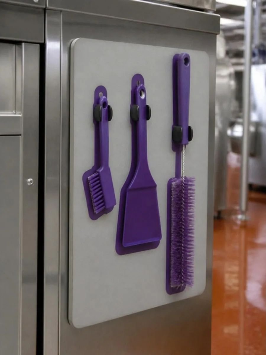 Magnetic shadow board with purple allergen tools attached to a stainless steel cabinet