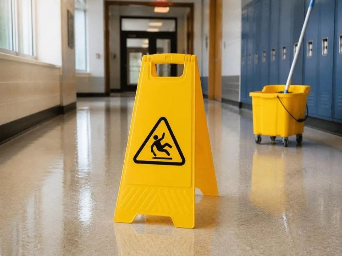 Yellow wet floor A-frame sign in a school hallway next to a mop bucket