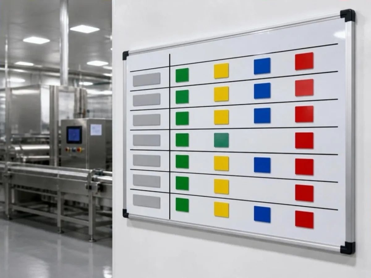 Wall-mounted line status board with colored magnetic markers beside a production line